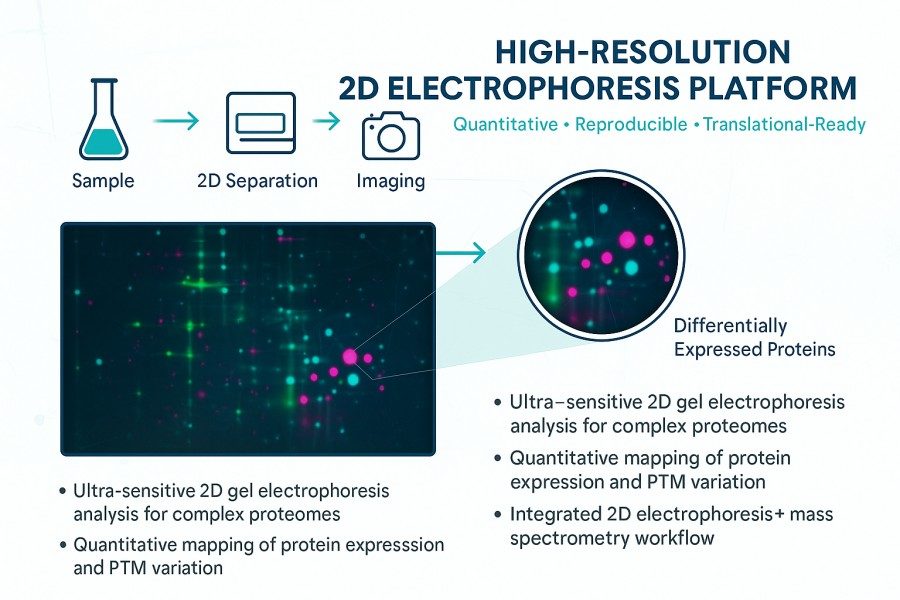 2D DIGE workflow infographic showing 2D gel electrophoresis analysis with fluorescent protein spots, mass spectrometry integration, and proteomics data insights.