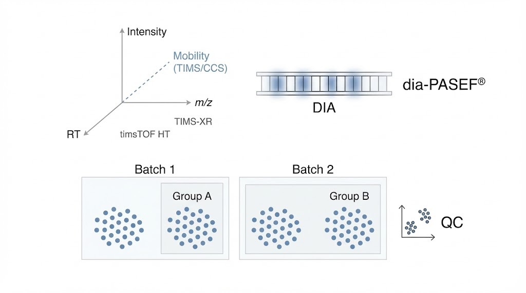 4D-DIA proteomics principle showing TIMS ion mobility separation combined with DIA windows for enhanced peptide coverage