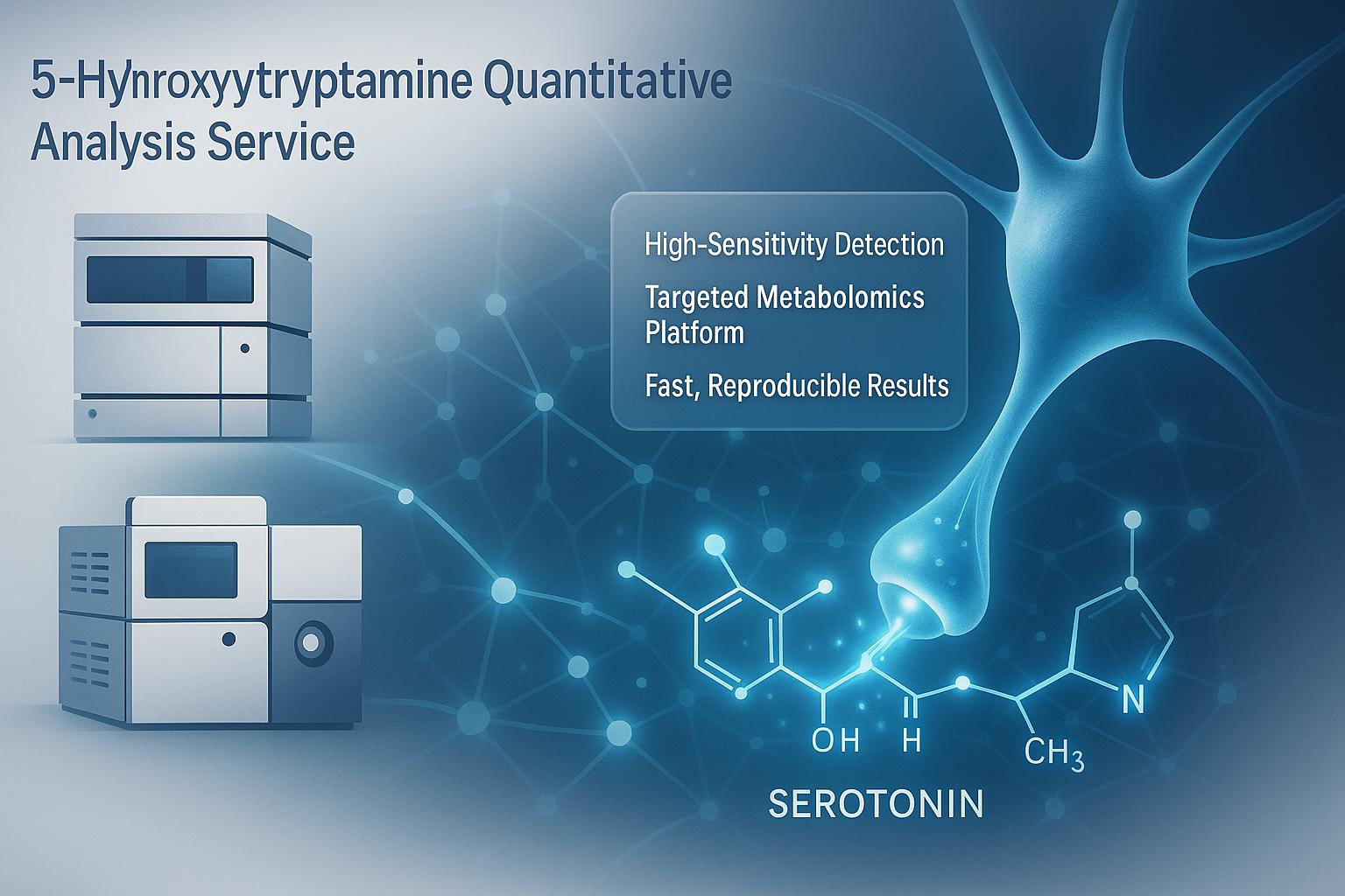 5-HT Quantitative Analysis Service visual showing HPLC and LC-MS/MS instruments integrated with a Targeted Metabolomics platform for accurate serotonin detection.