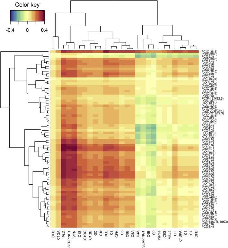 Heat map analysis performed by using regularized canonical correlations analysis showing the relation between proteomic and lipidomic datasets.