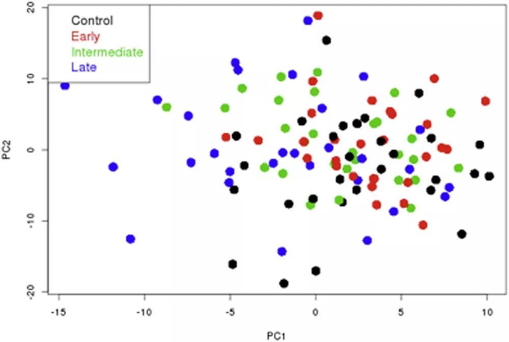 Scatterplot showing principal component 1 (PC1) and principal component 2 (PC2) with controls and age-related macular degeneration (AMD) groups.