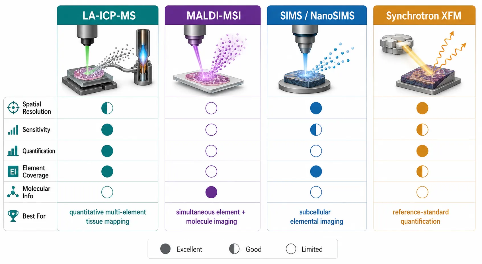 LA-ICP-MS vs MALDI vs SIMS vs XFM — Technique Comparison for Elemental Imaging