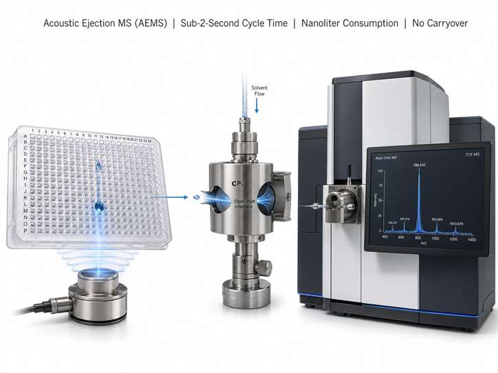 Acoustic ejection mass spectrometry (AEMS) platform diagram featuring acoustic droplet ejection, open-port interface, and high-resolution MS detection.