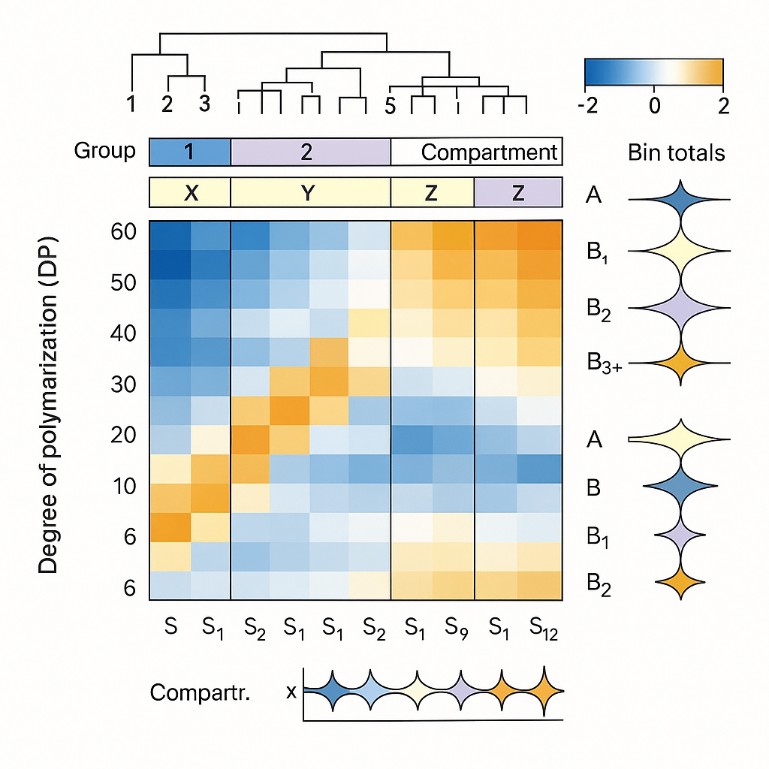 White-background matrix heatmap with row/column dendrograms, group/compartment labels, and side violin plots for A, B1, B2, B3+ bin totals.