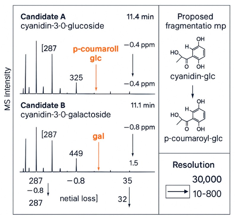 Mirror HRAM MS/MS spectra of C3G and C3Gal with labeled diagnostic fragments, neutral-loss 162, ppm errors, and a structure inset showing p-coumaroyl acylation.