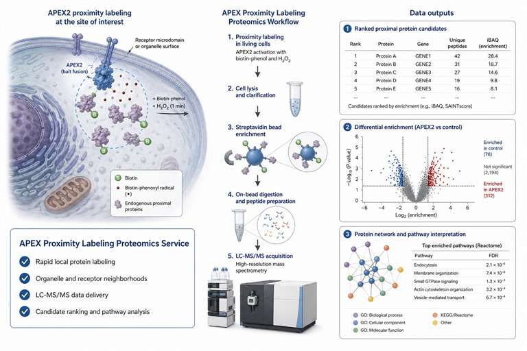 APEX proximity labeling proteomics service workflow showing local protein labeling, streptavidin enrichment, LC-MS/MS, and data outputs.