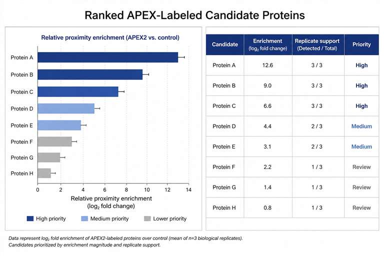 Representative APEX proteomics demo result showing ranked candidate proximal proteins.
