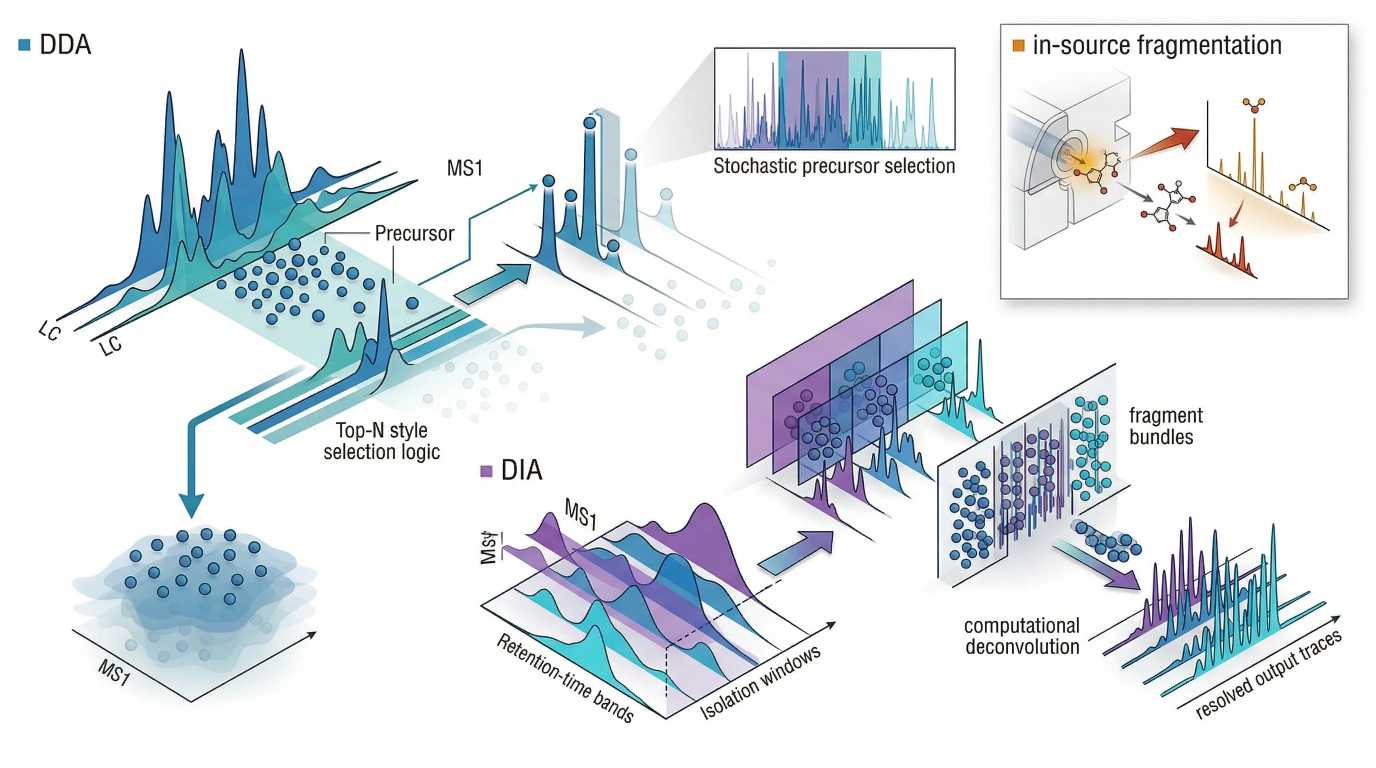 DDA vs DIA acquisition logic and in-source fragmentation artifact