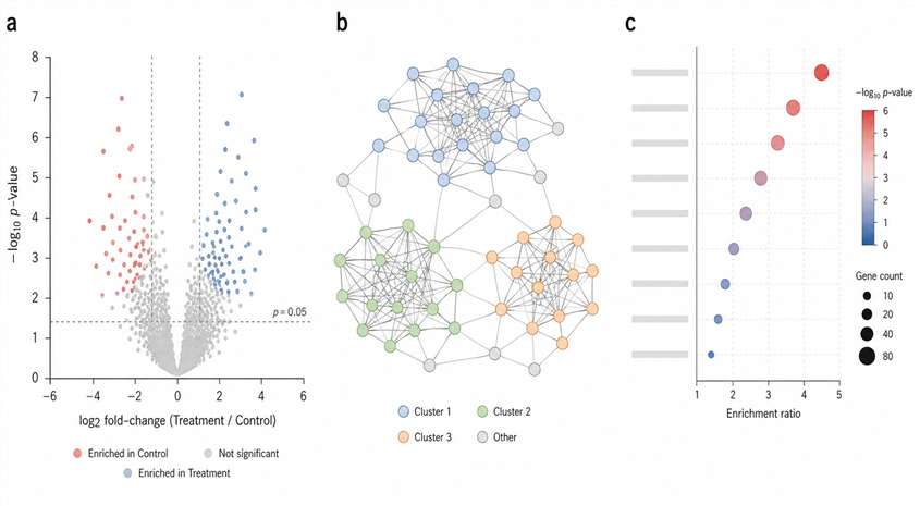 Demo results of BioID2 proteomics showing volcano plot, network, and enrichment charts