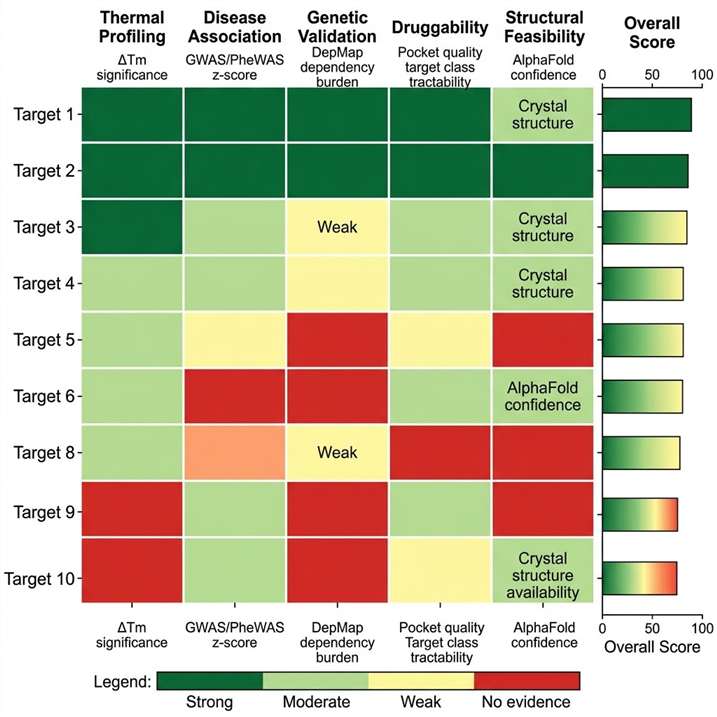 Multi-omics target prioritisation matrix: a heatmap-style visualisation showing confidence scores across five evidence dimensions (thermal profiling significance, disease association, genetic validation, druggability, structural feasibility) for the top 10 candidate targets, with overall prioritisation score.