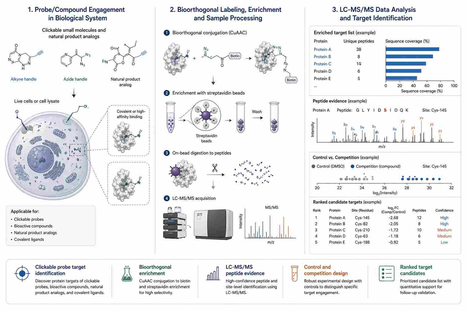 Bioorthogonal labeling and LC-MS/MS target identification workflow for clickable probes and bioactive compounds.