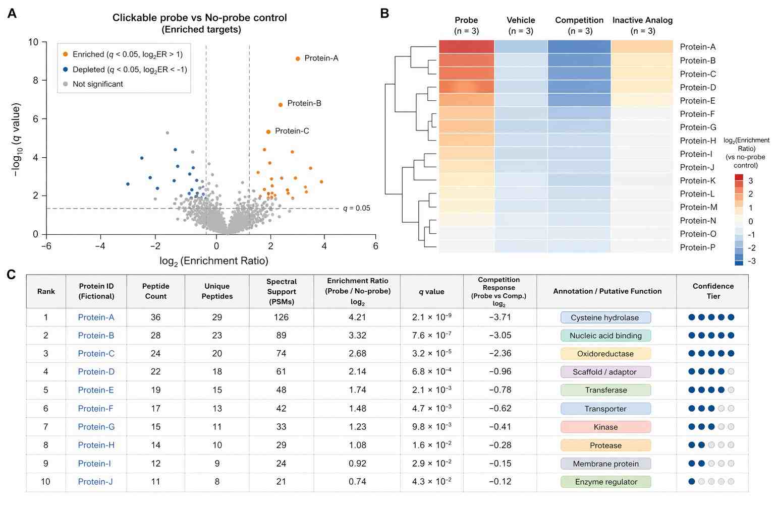 Demo LC-MS/MS target identification results with volcano plot, enrichment heatmap, and ranked target dashboard.