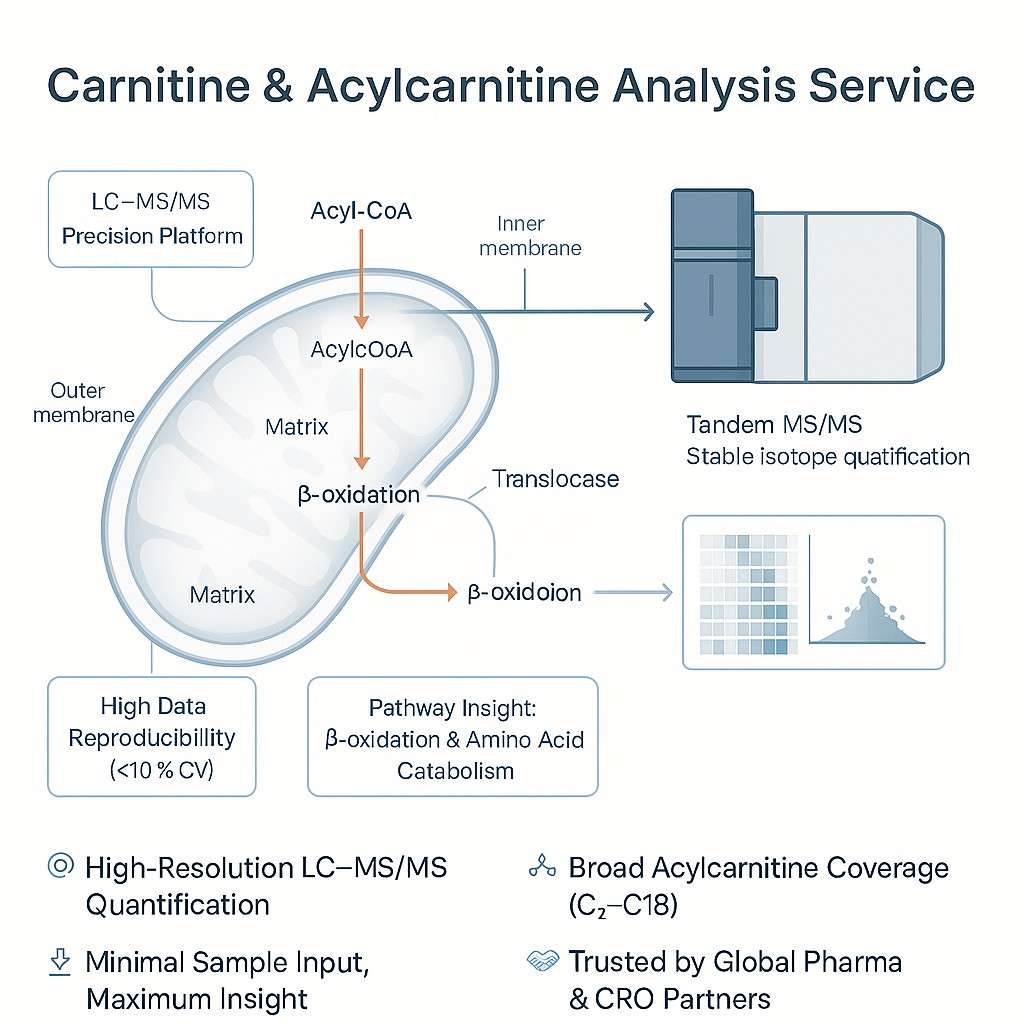LC–MS/MS-based Carnitine and Acylcarnitine Analysis workflow showing acylcarnitine profile quantification, β-oxidation pathway, and precision metabolomics platform for plasma and tissue research.