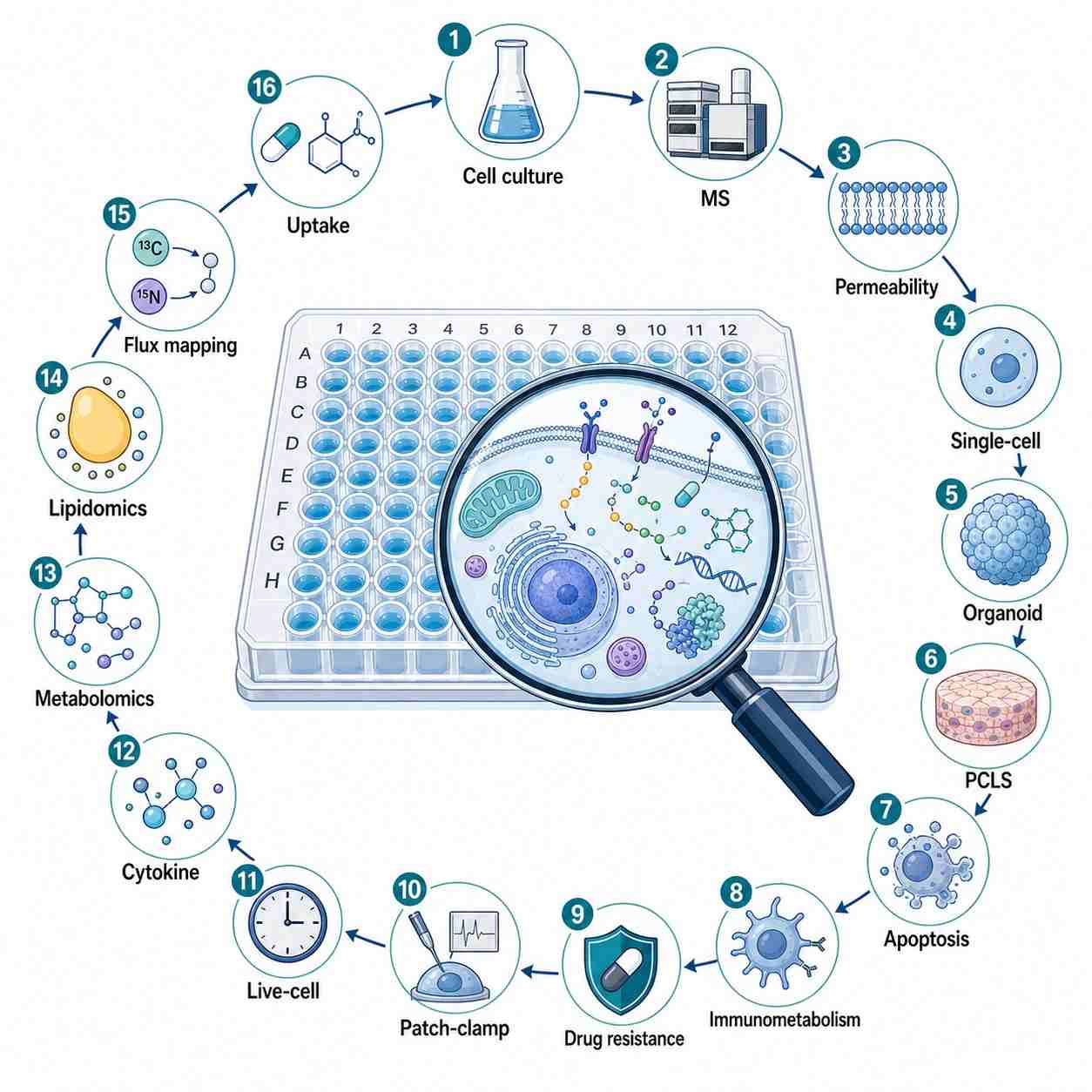 Cell-based mass spectrometry drug screening platform showing 16 integrated service modules for label-free cellular pharmacology analysis in drug discovery.