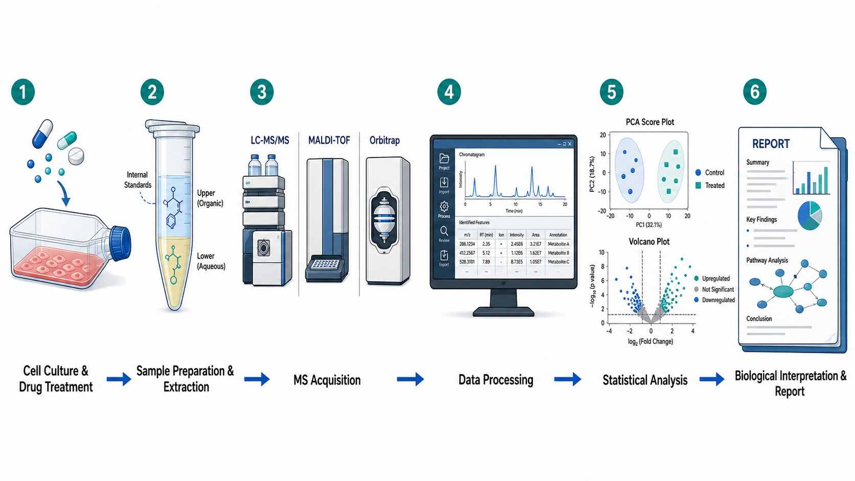 Cell-based MS drug screening workflow diagram showing six steps from cell culture and drug treatment through sample preparation, MS acquisition, data processing, statistical analysis, and final report delivery.