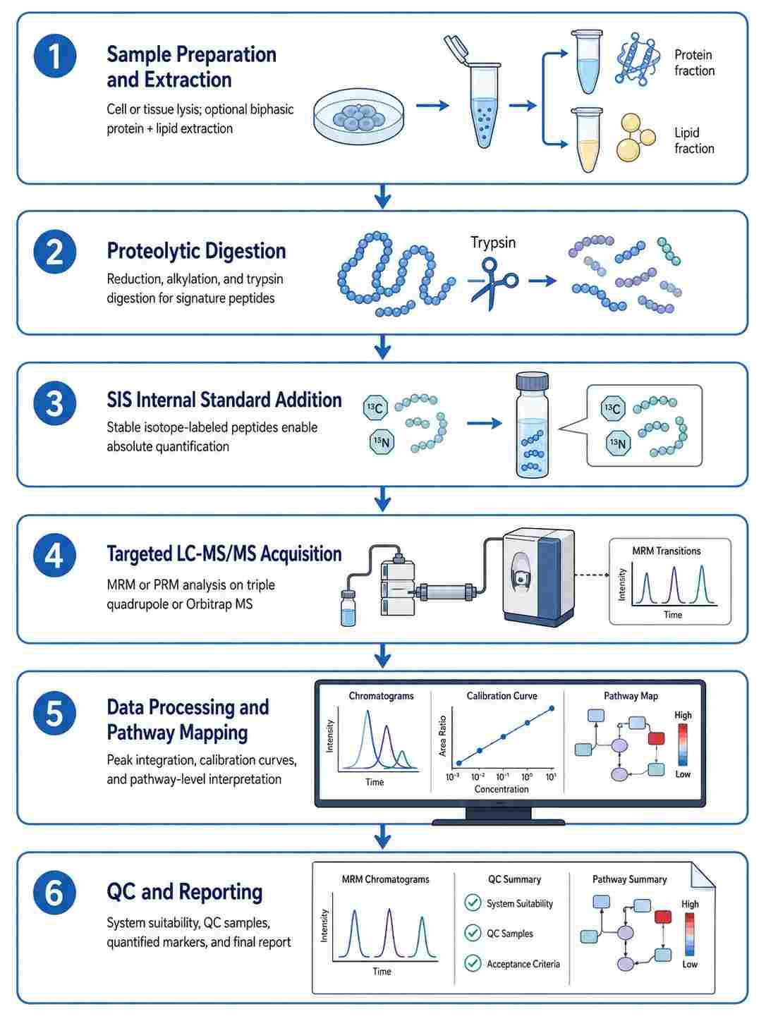 Six-step workflow of cell death pathway MS analysis
