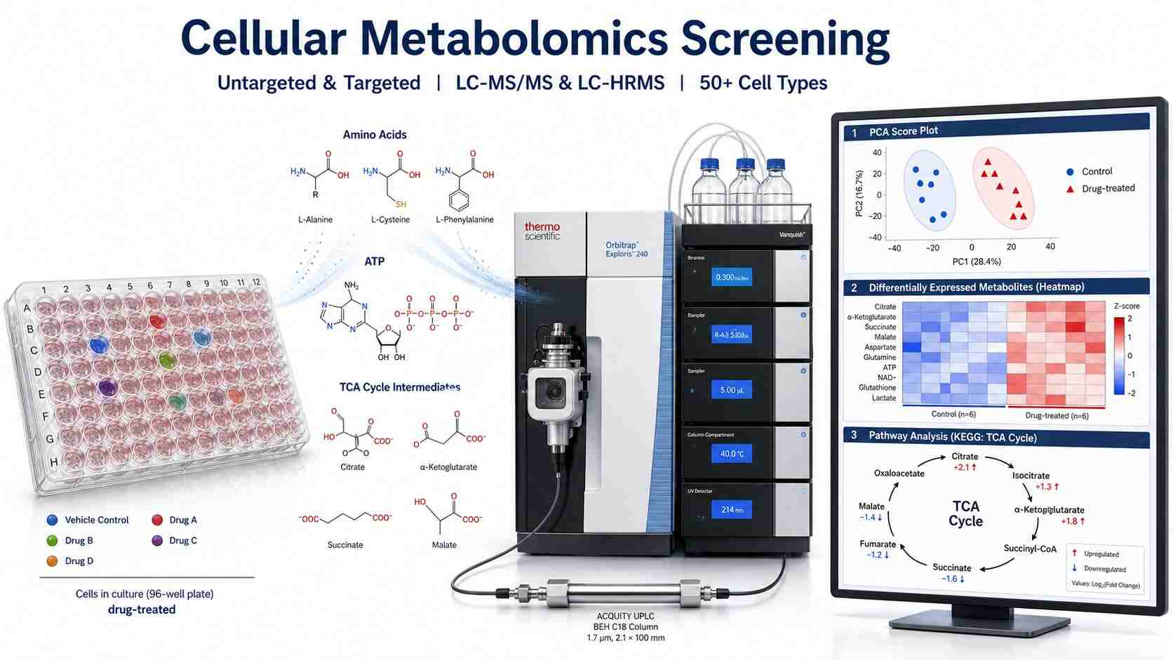 Cellular metabolomics screening platform overview showing cell culture plate, mass spectrometer, metabolite structures, and data visualization overlay for drug-induced metabolic perturbation profiling.