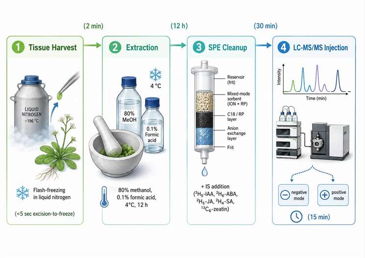 Figure 2: Sample preparation workflow for plant hormone analysis — from tissue harvest to LC-MS/MS injection