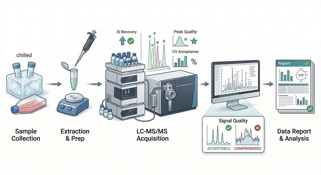 Targeted one-carbon metabolomics workflow with QC control points.