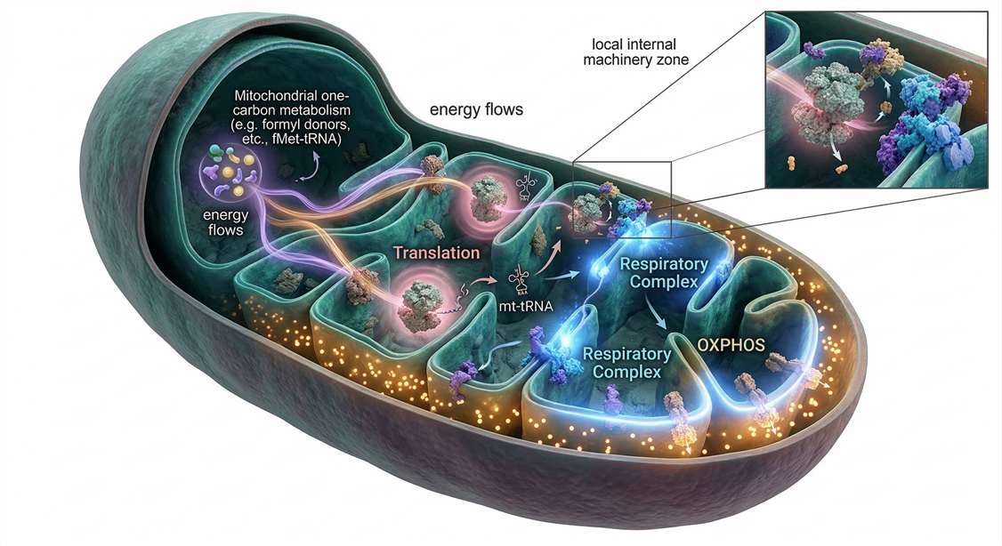 Figure 2. Mitochondrial one-carbon metabolism as a support module for mt-tRNA methylation, translation competence, and respiratory function.
