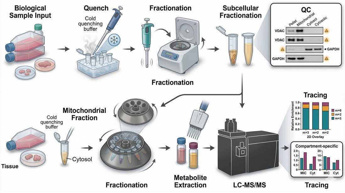 Figure 4. QC-centered workflow for compartment-resolved one-carbon studies. This figure should present quench speed, fractionation, purity verification, LC-MS/MS, isotope tracing, and analysis checkpoints as an execution workflow rather than as a generic lab-process diagram.