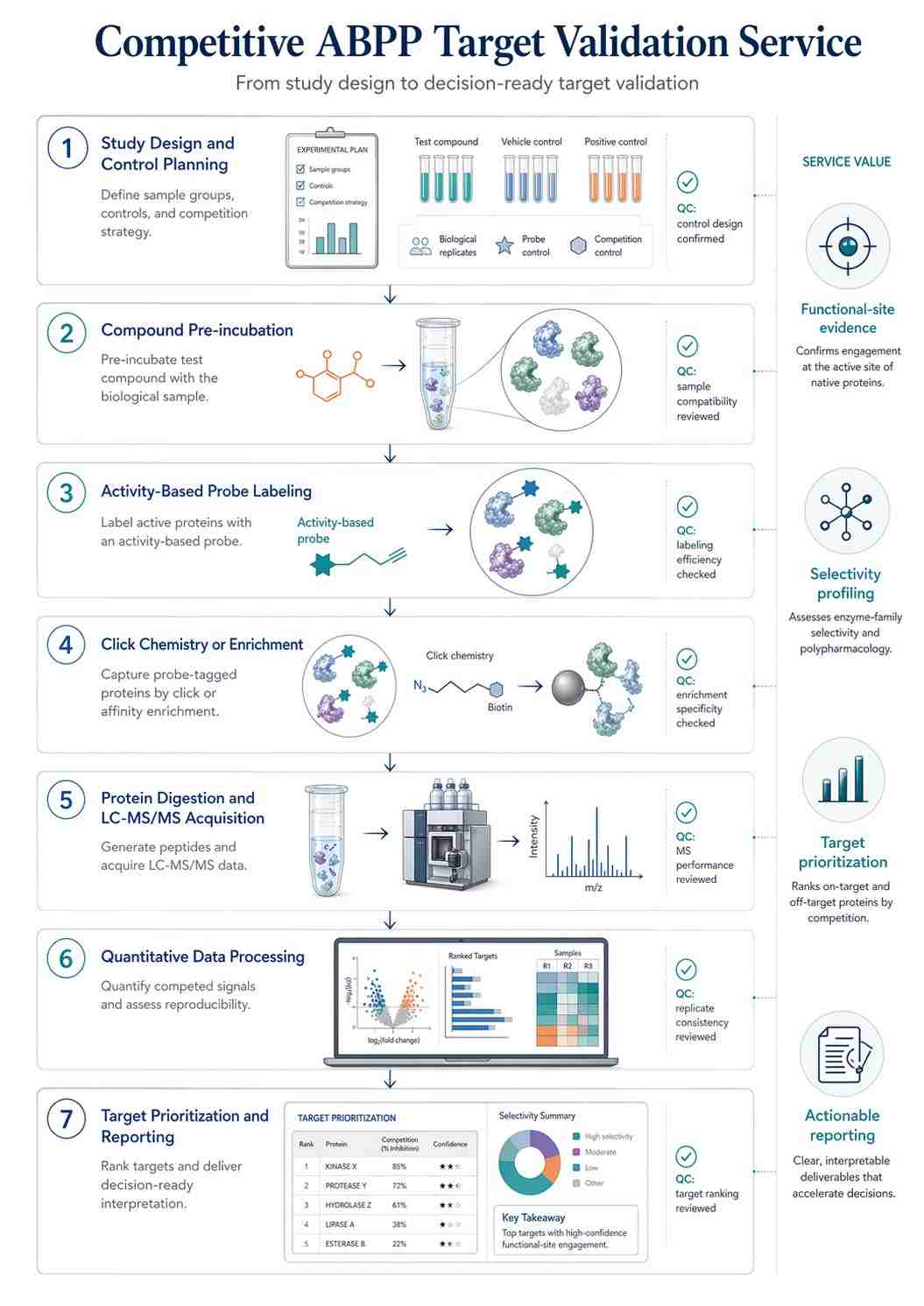 Vertical Competitive ABPP workflow with QC checkpoints from study design to LC-MS/MS reporting.