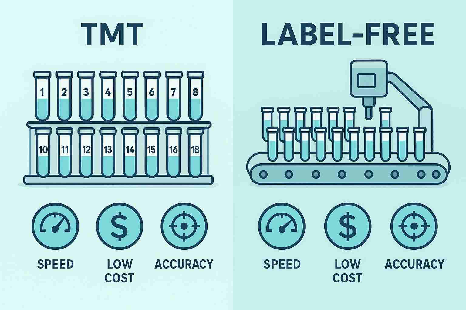 Split-screen comparison: TMT (limited multiplex) versus label-free (hundreds of vials), emphasizing cohort scalability and site-occupancy quant in clinical studies.