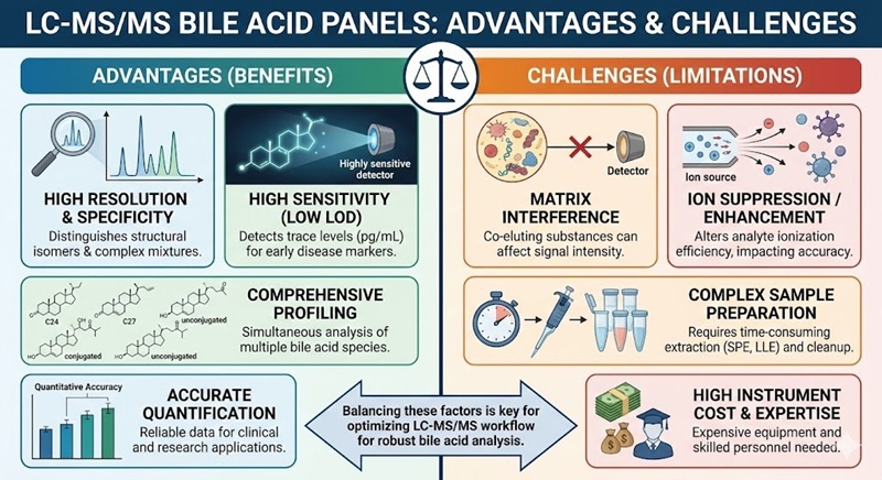 Advantages and challenges of bile acid panels, focusing on LC–MS/MS resolution and matrix interference