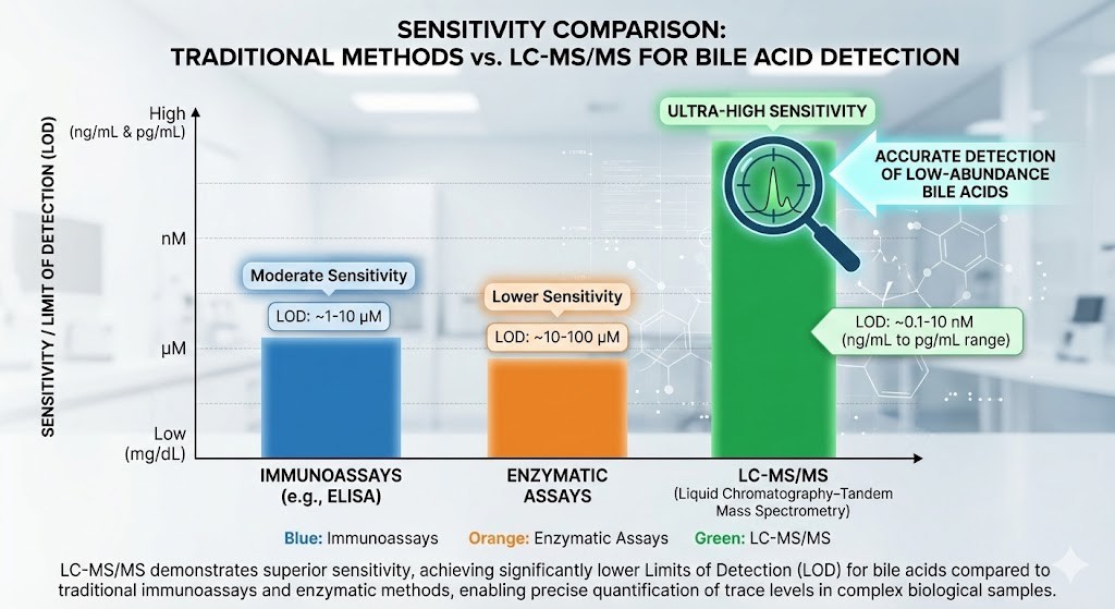 Comparison of sensitivity between traditional methods and LC–MS/MS for bile acid detection