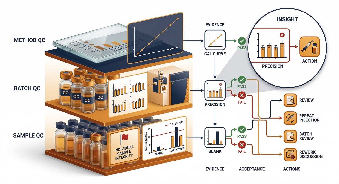 Method-, batch-, and sample-level QC evidence with action outcomes