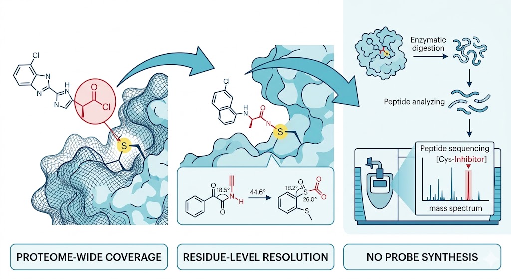 Covalent drug discovery platform showing reactive residue profiling, ABPP, covalent fragment screening, SuFEx chemoproteomics and ligandability mapping for comprehensive covalent inhibitor development.