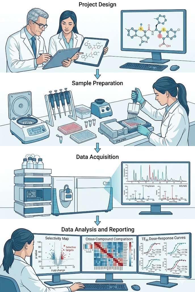 Four-stage workflow for covalent drug discovery: project design, sample preparation, data acquisition by LC-MS/MS, and comprehensive data analysis and reporting with selectivity maps.