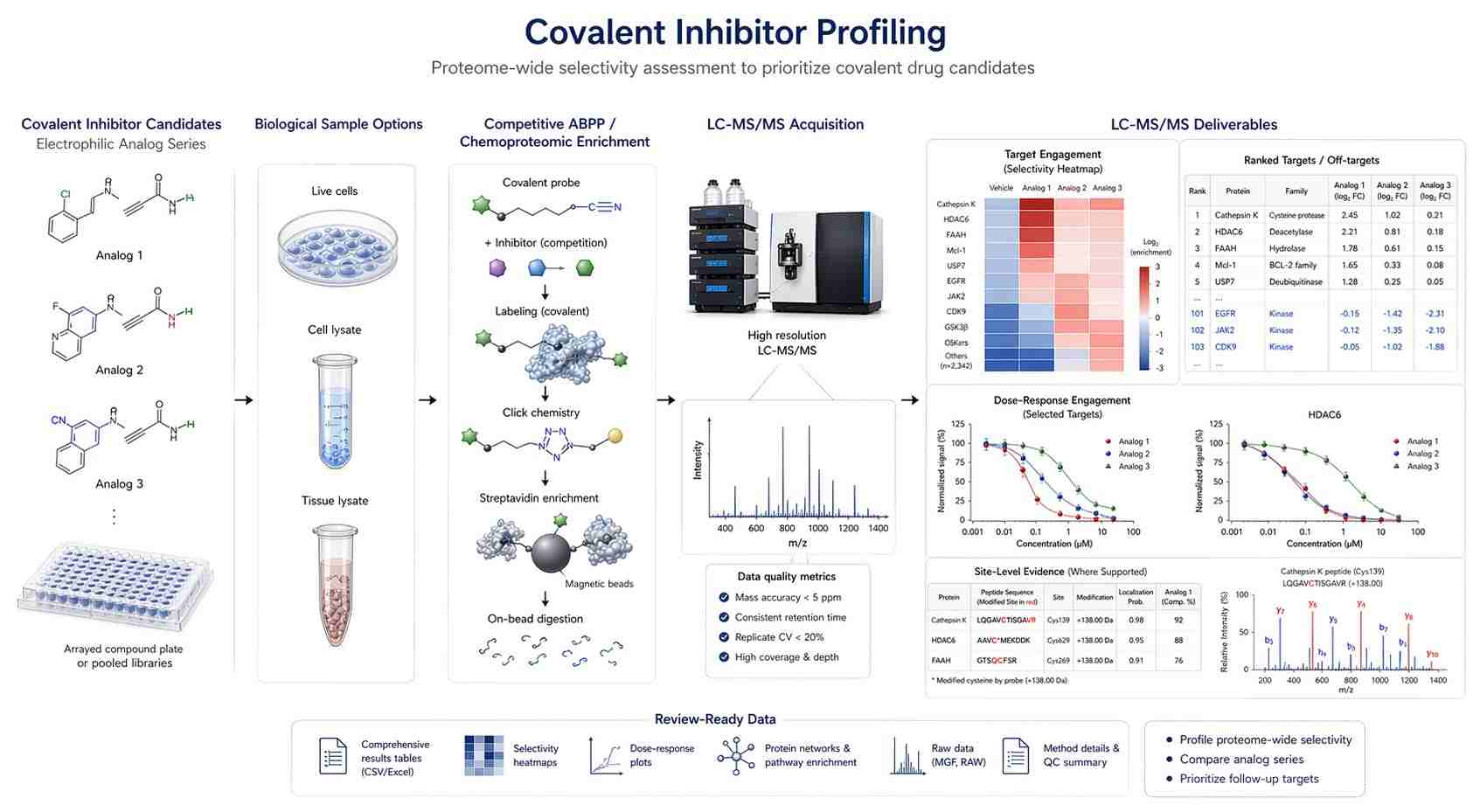Covalent inhibitor selectivity profiling service overview showing compounds, biological samples, LC-MS/MS, heatmap, and target off-target outputs.