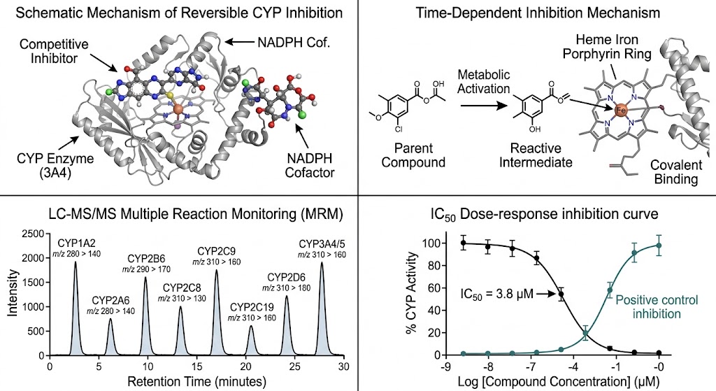 CYP450 inhibition multi-isoform IC50 panel demo grid — 4×2 dose-response curves across 8 CYP isoforms