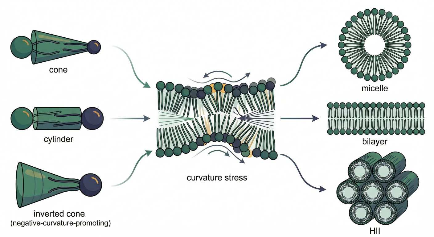 From Shape to Curvature: How Phospholipids Choose Micelles, Bilayers, or HII Phases