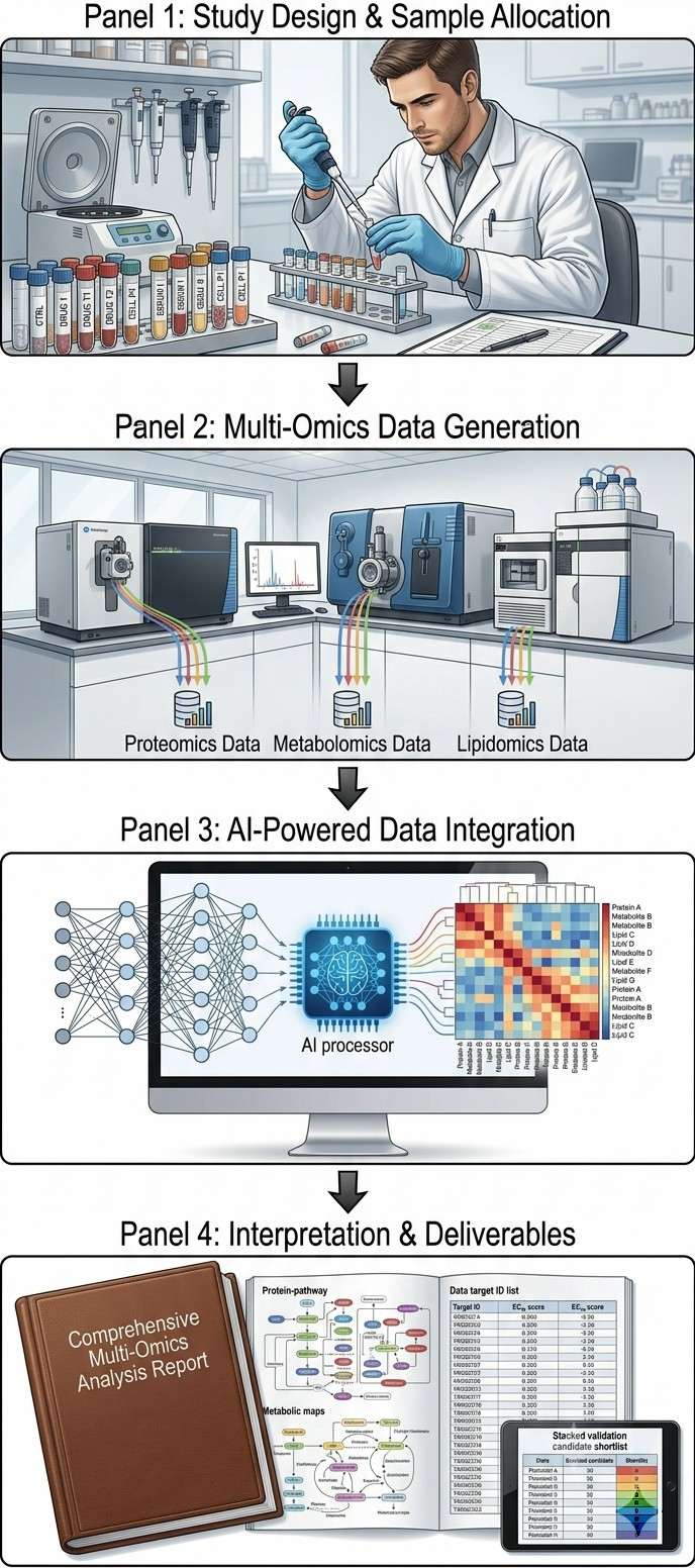 End-to-end multi-omics integration workflow from sample to insight showing four sequential stages.