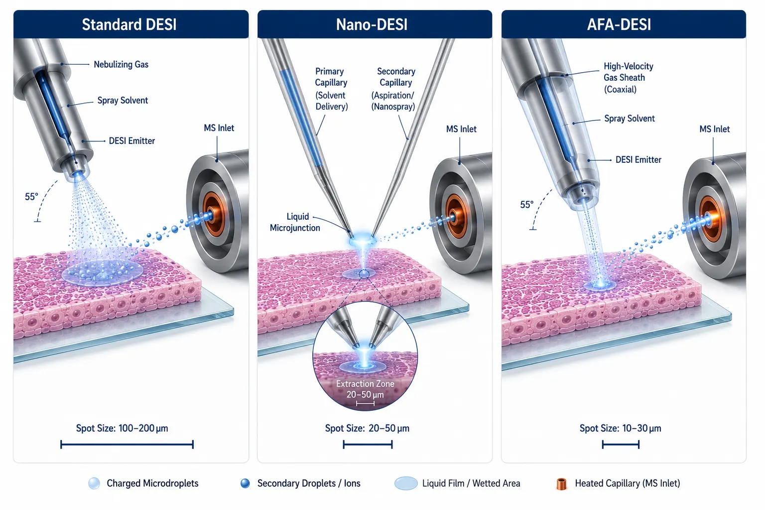 DESI Variants Comparison — Standard vs Nano-DESI vs AFA-DESI