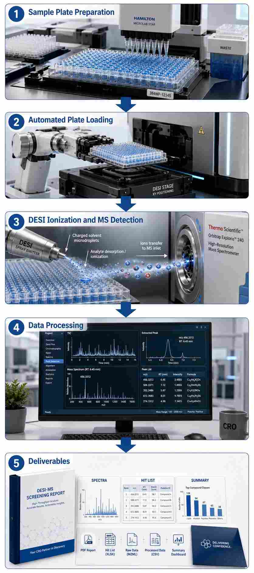 DESI plate-based HTS workflow diagram showing five steps from sample plate preparation to data deliverables.