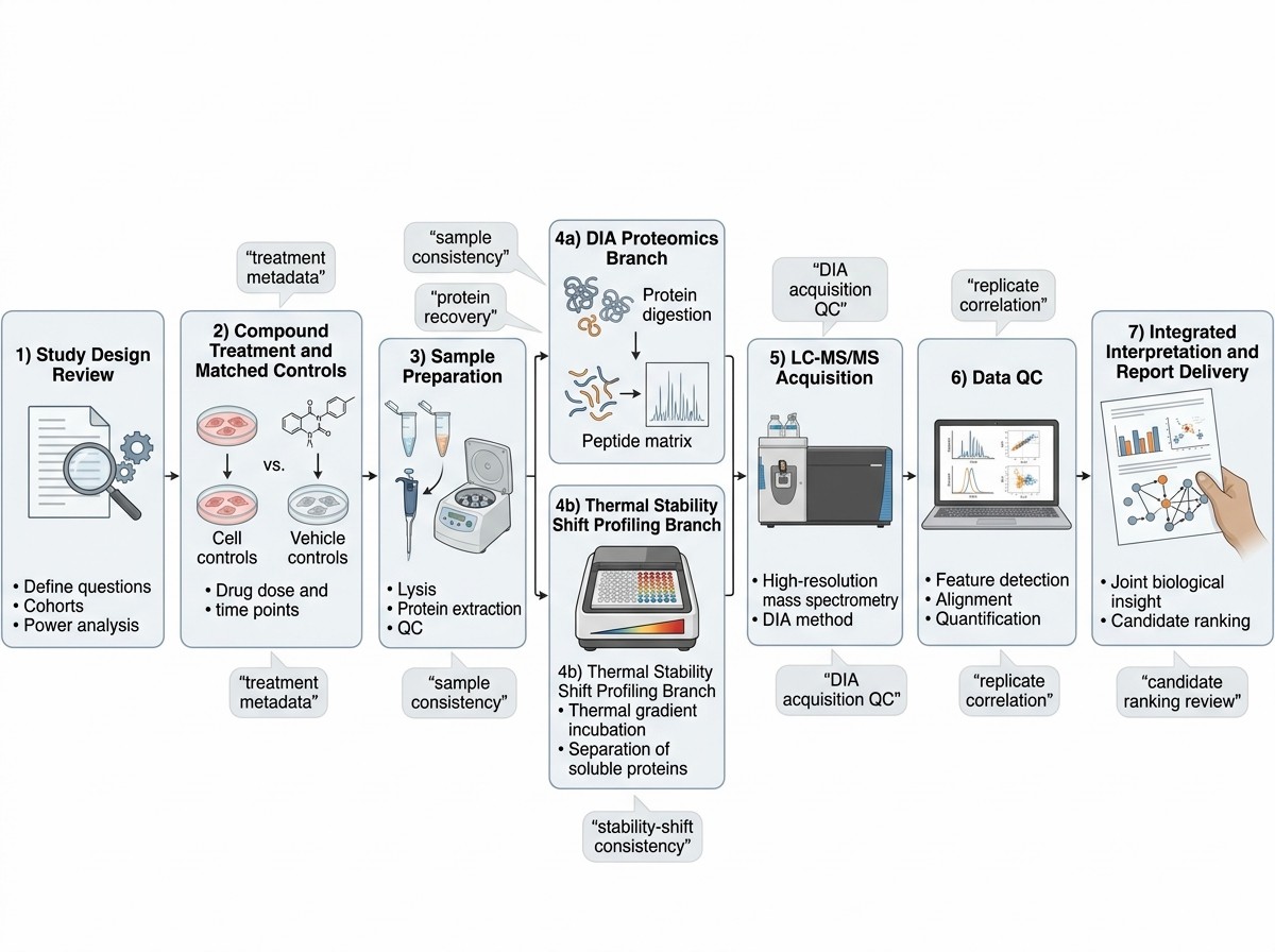 Vertical workflow showing DIA proteomics and thermal stability shift profiling QC checkpoints.
