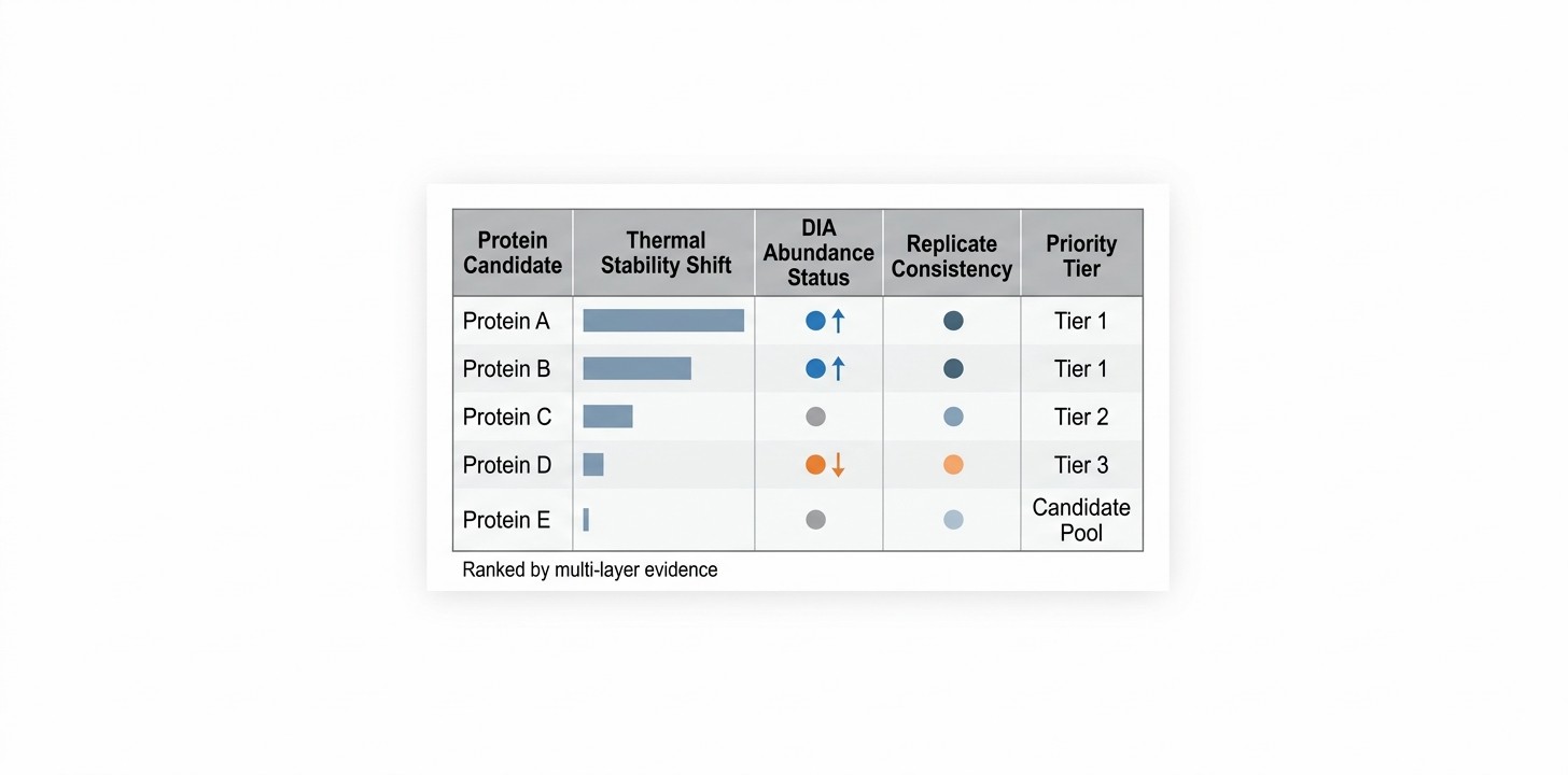 Candidate ranking plot with thermal stability shift strength and DIA abundance overlay.