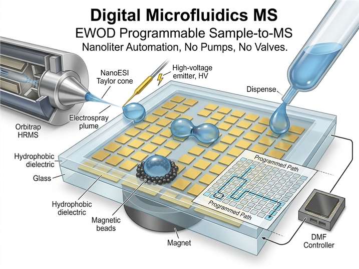 Digital microfluidics EWOD chip coupled to electrospray mass spectrometry platform diagram