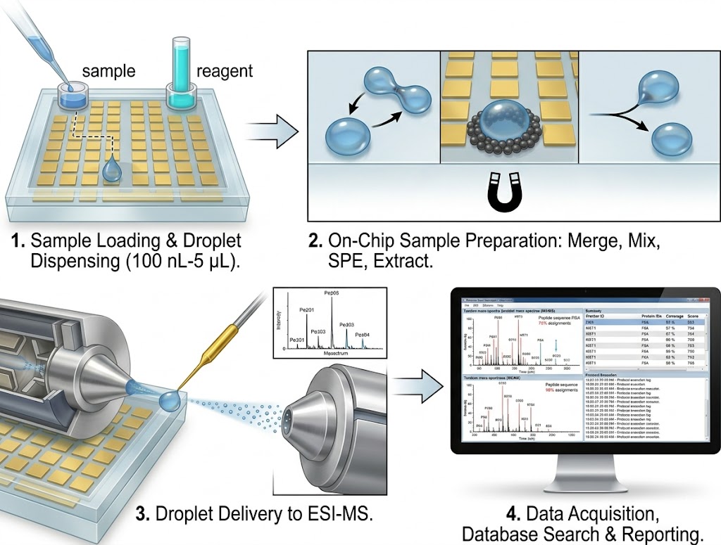 Digital microfluidics MS workflow from sample loading to ESI-MS analysis