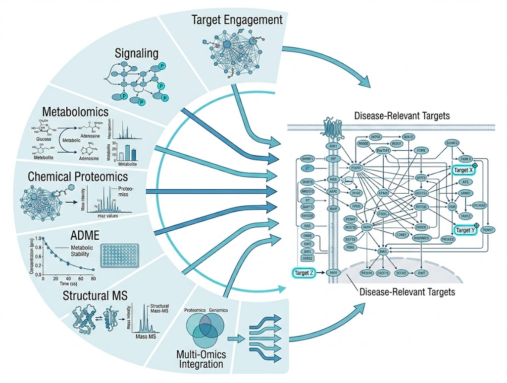 Disease mechanism analysis platform diagram showing seven integrated service categories converging from target engagement through signaling, metabolomics, chemical proteomics, and ADME to pathway interpretation.
