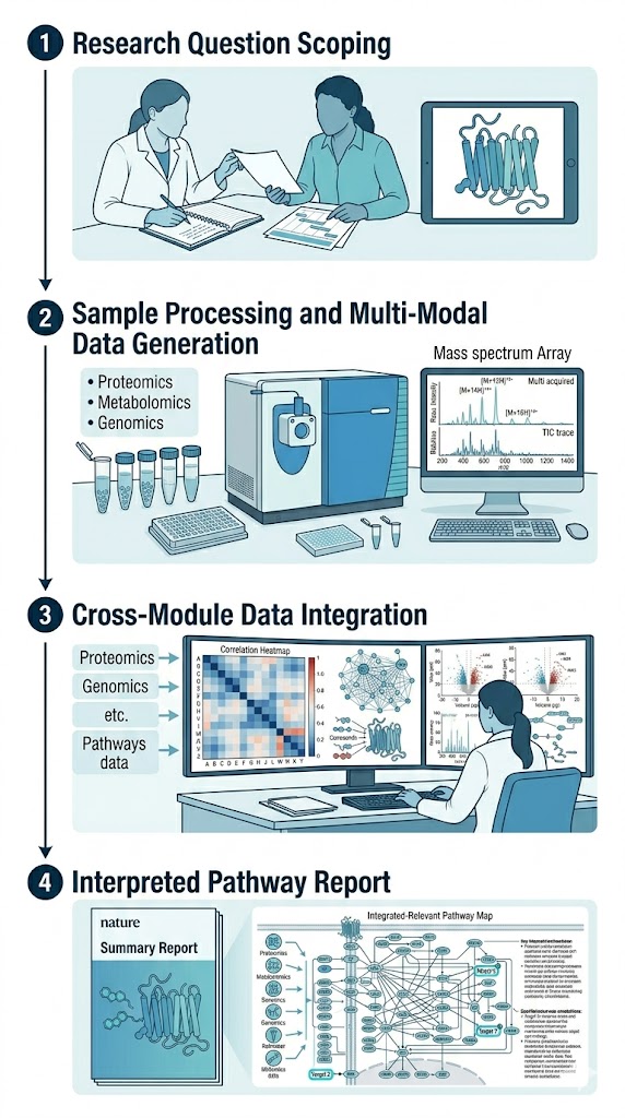 Four-stage workflow for disease mechanism analysis: research question scoping, multi-modal data generation, cross-module integration, and interpreted pathway report.