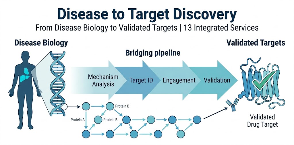 Disease to target discovery workflow showing the integrated pipeline from disease mechanism analysis through target identification, engagement, and validation.