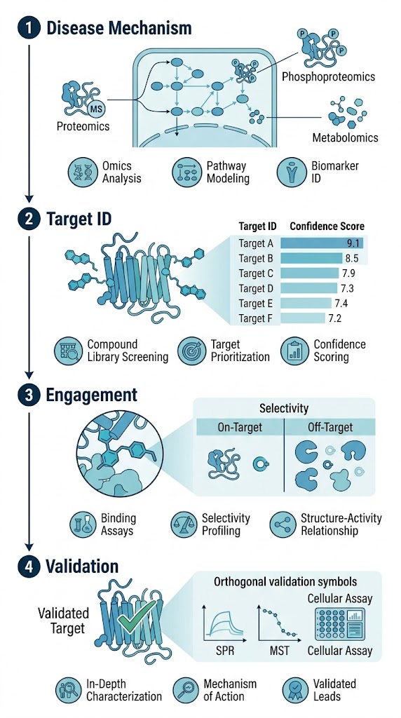 Four-stage vertical workflow for disease to target discovery: disease mechanism, target identification, engagement profiling, and validation.