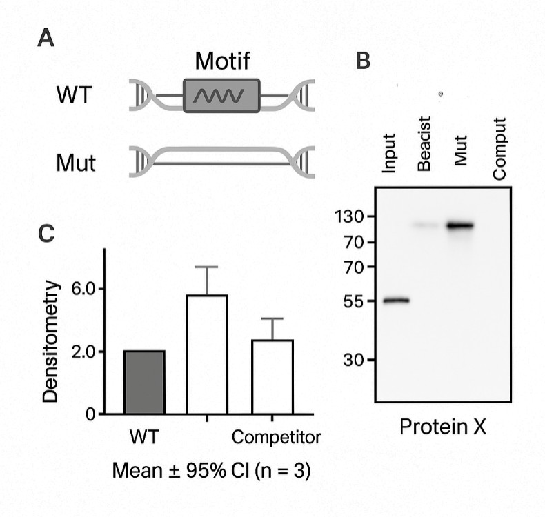 Western blot validation of DNA–protein specificity using WT and mutant probes.