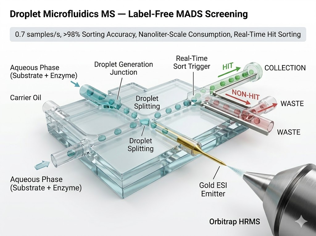 Droplet microfluidics mass spectrometry MADS screening platform diagram