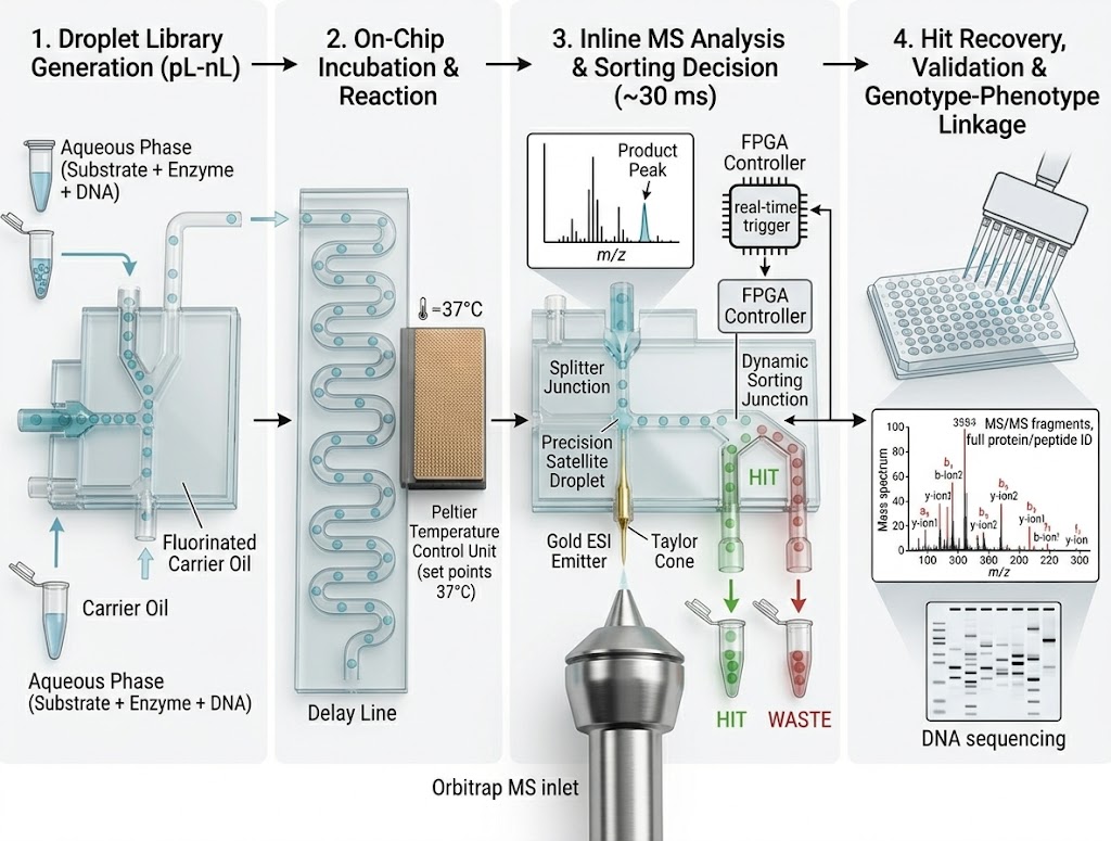 Droplet microfluidics MS MADS workflow from library generation to hit sorting