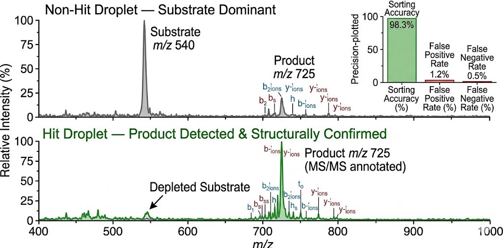 MADS droplet sorting MS spectra showing hit vs non-hit droplet mass spectra